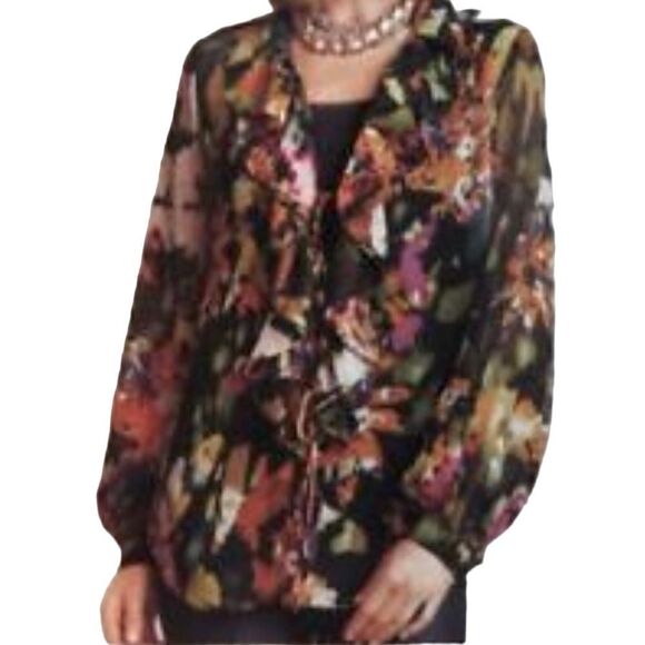 CAbi Floral Tie Front Ruffle Floral Long Sleeve Semi Sheer Blouse Size Small 📦 - Picture 1 of 9